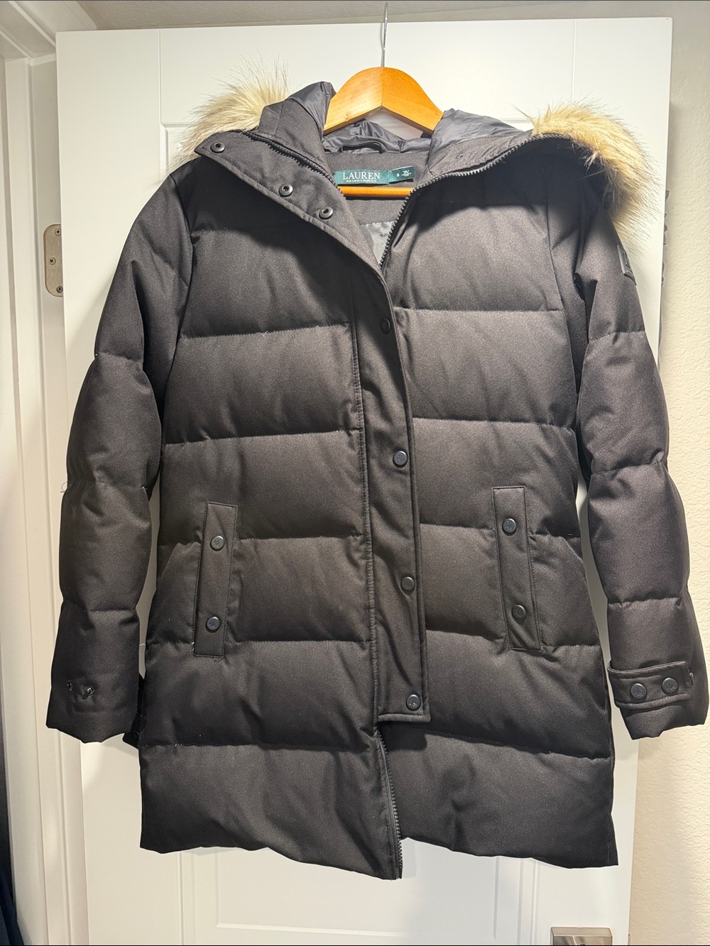Lauren Ralph Lauren Dark Brown Quilted Long Puffer Coat with Faux Fur Trim